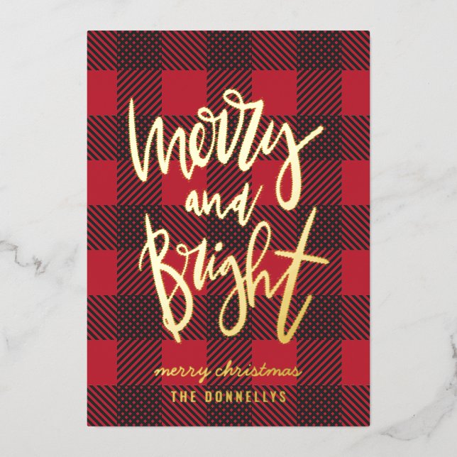 merry and bright red plaid foil script christmas  foil holiday card (Front)