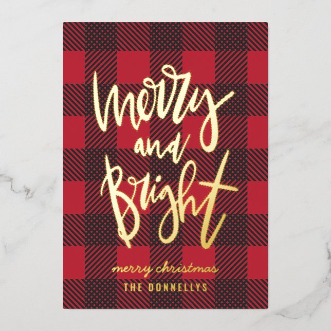 merry and bright red plaid foil script christmas  holiday card (Front)