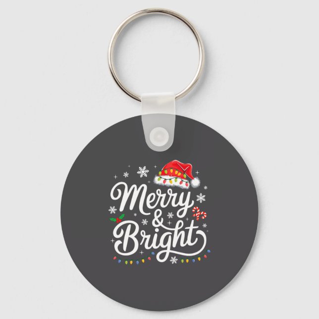 Merry And Bright Red Santa Hat Xmas Lights Holiday Keychain (Front)