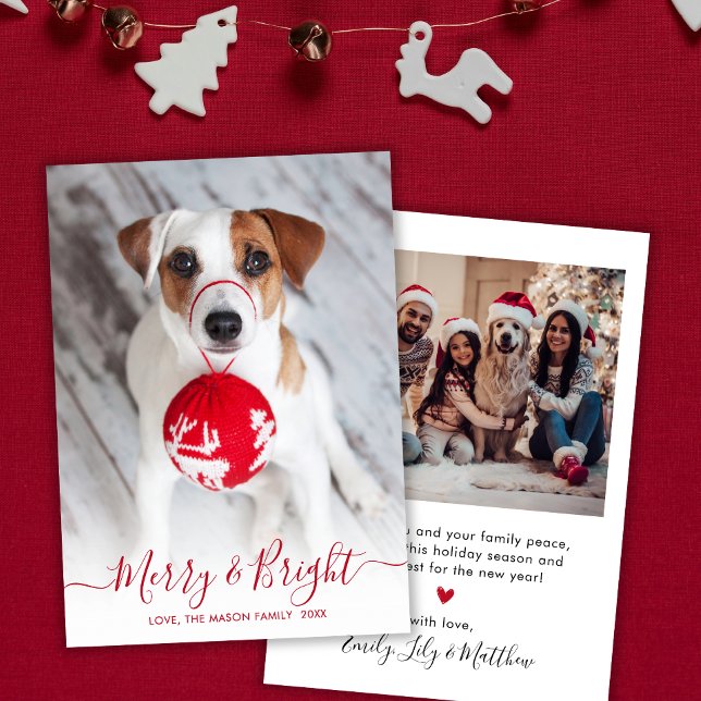 Merry and Bright Red Script 2 Photo Christmas Holiday Card (Creator Uploaded)