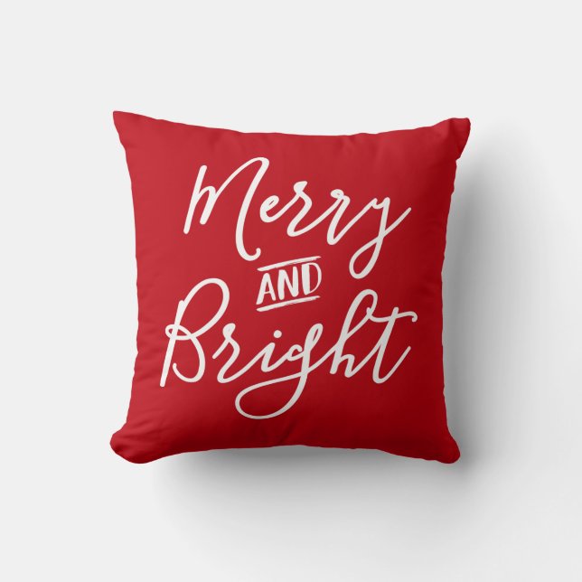 Merry and Bright Red Script Christmas Throw Pillow (Front)