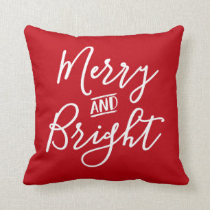 Merry and Bright Red Script Christmas Throw Pillow