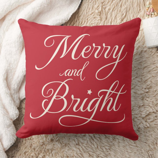 Merry and Bright Red Script Holiday Throw Pillow (Blanket)