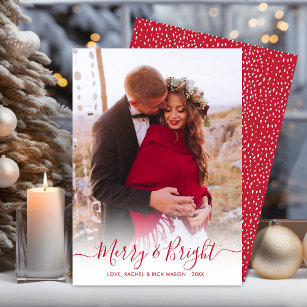 Merry and Bright Red Script One Photo Christmas Holiday Card