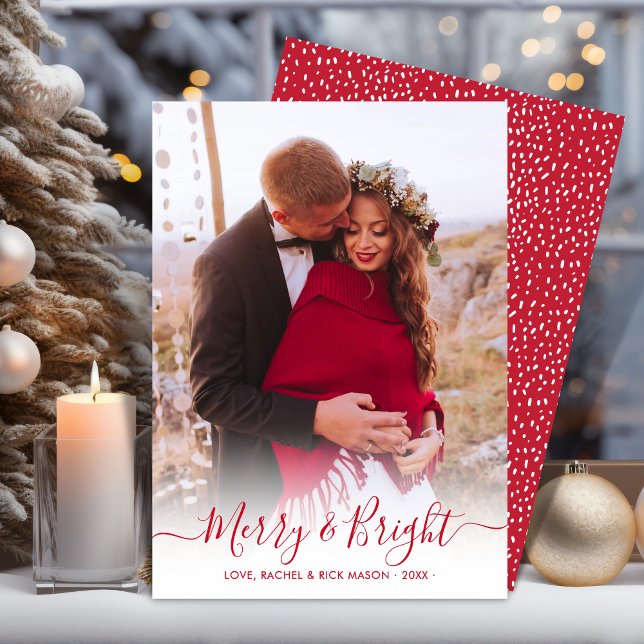 Merry and Bright Red Script One Photo Christmas Holiday Card (Creator Uploaded)