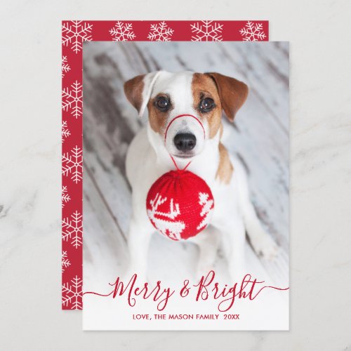 Merry and Bright Red Script One Photo Christmas Holiday Card