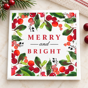 Merry and Bright Red Watercolor Berry Greenery Paper Napkins