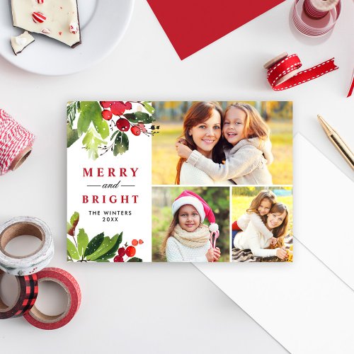 Merry and Bright Red Watercolor Greenery Photo Holiday Card