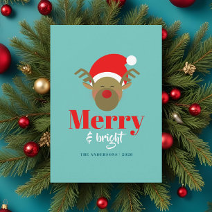 Merry and Bright Reindeer Face Christmas Holiday Card