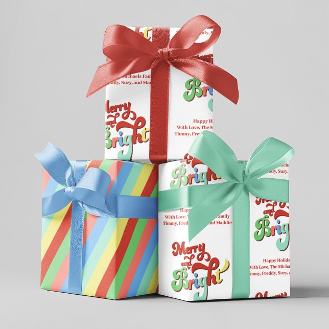 Merry and Bright Retro Christmas Custom Wrapping Paper Sheets (Wrapping paper set with three sheets of gift wrap. )