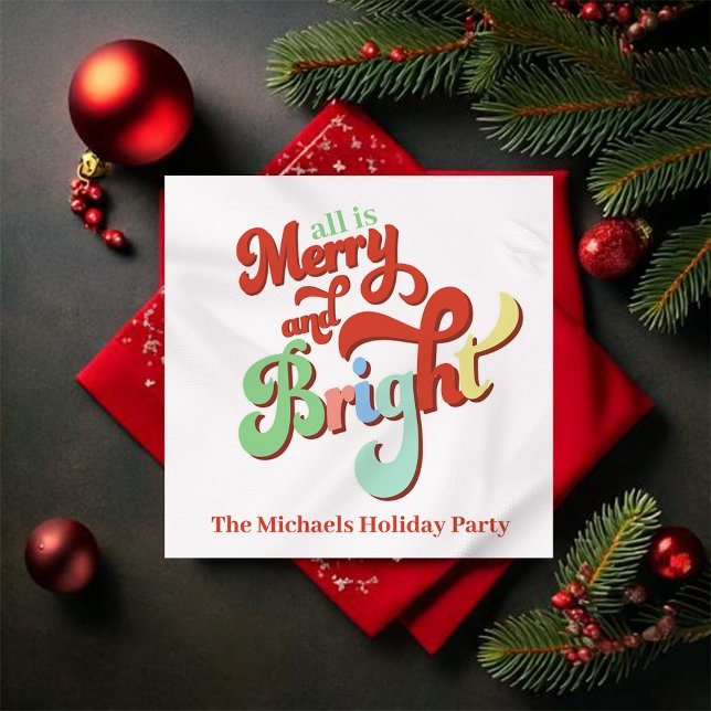 Merry and Bright Retro Christmas Napkins (Merry and Bright Custom Party Cocktail Napkins)