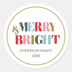 Merry and Bright Retro Colorful Family Ceramic Classic Round Sticker