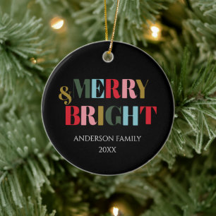 Merry and Bright Retro Colorful Family Ceramic Ornament