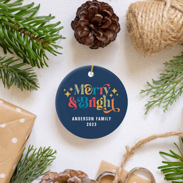 Merry and Bright Retro Colorful Family Ceramic Ornament (Creator Uploaded)