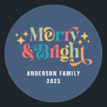 Merry and Bright Retro Colorful Family Classic Round Sticker<br><div class="desc">Merry and Bright Retro Colorful Family Classic Round Sticker</div>