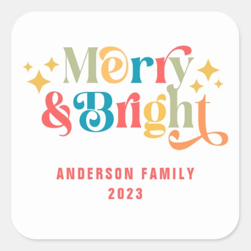 Merry and Bright Retro Colorful Family Square Sticker