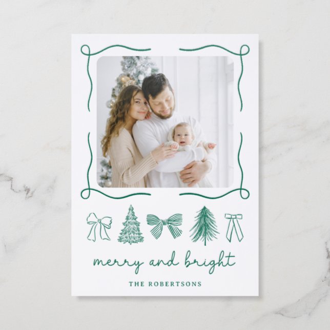 Merry And Bright Retro Hand Drawn Whimsical Letterpress Photo Cards (Front)