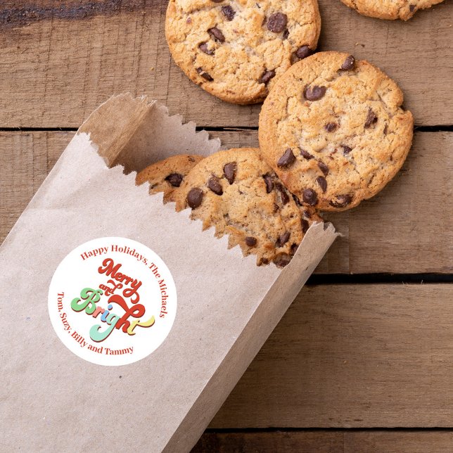 Merry and Bright Retro Holiday Personalized Classic Round Sticker (Merry and Bright custom personalized gift stickers. )