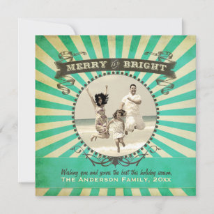 Merry and Bright Retro Photo Holiday Card - Blue