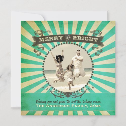 Merry and Bright Retro Photo Holiday Card _ Blue