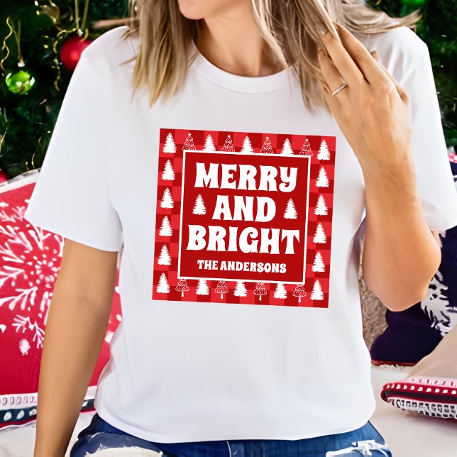  Merry and Bright Retro Red Checkerboard Christmas T-Shirt (Creator Uploaded)