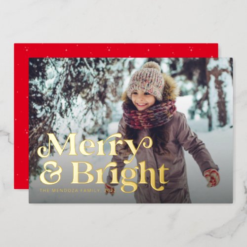 Merry and Bright retro type one photo Christmas Foil Holiday Card