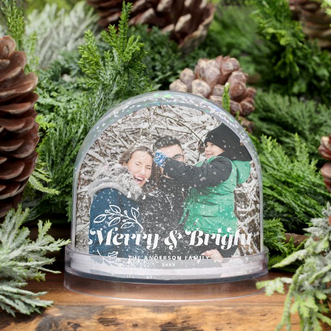 Merry and Bright Retro Typography Photo Christmas Snow Globe (Winter)