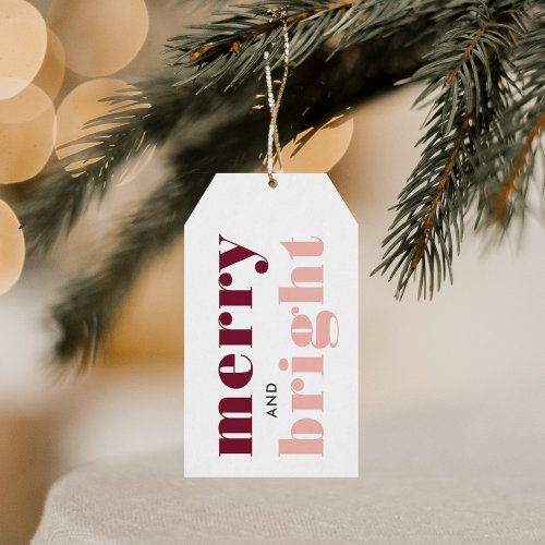 Merry and Bright Rose Gold and Wine Red Holiday Gift Tags