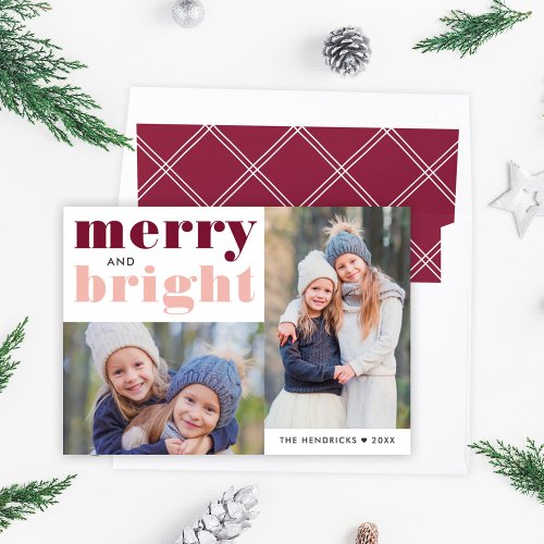 Merry and Bright Rose Gold and Wine Red Photo Holiday Card