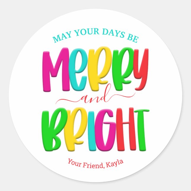Merry and Bright Round Christmas Sticker (Front)