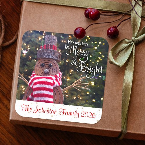 Merry and Bright Rustic Cute Snowman Custom Name Square Sticker