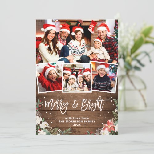 Merry and Bright Rustic Floral 4 Photo Christmas Holiday Card
