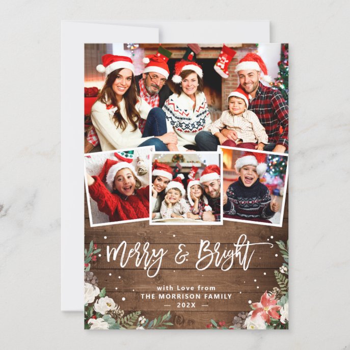 Merry and Bright Rustic Floral 4 Photo Christmas Holiday Card