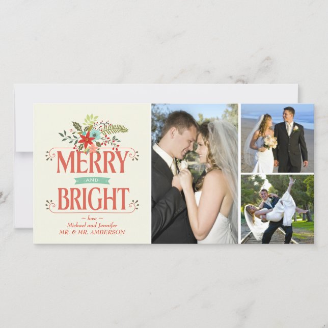 Merry and Bright Rustic Floral Photo Collage Holiday Card (Front)