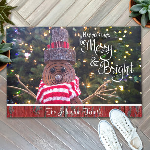 Merry and Bright Rustic Snowman Custom Name Script Doormat