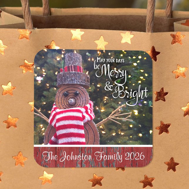 Merry and Bright Rustic Snowman Cute Custom Name Square Sticker (Creator Uploaded)