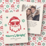 Merry and bright Santa in sunglasses retro stars Holiday Card<br><div class="desc">Christmas holiday photo greeting card featuring a cool Santa wearing sunglasses and the text "Merry and Bright" in a fun,  retro font. Red and green shades on a light cream background. Custom photo and message on the back. Colors can be customized in the design tool.</div>