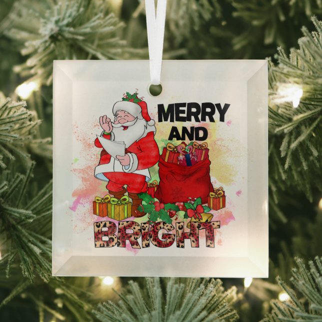 Merry and Bright Santa Sack Gifts Tree Glass Ornament (Insitu)