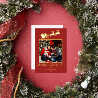 Merry and Bright Santa Sleigh Family Photo Foil Holiday Card
