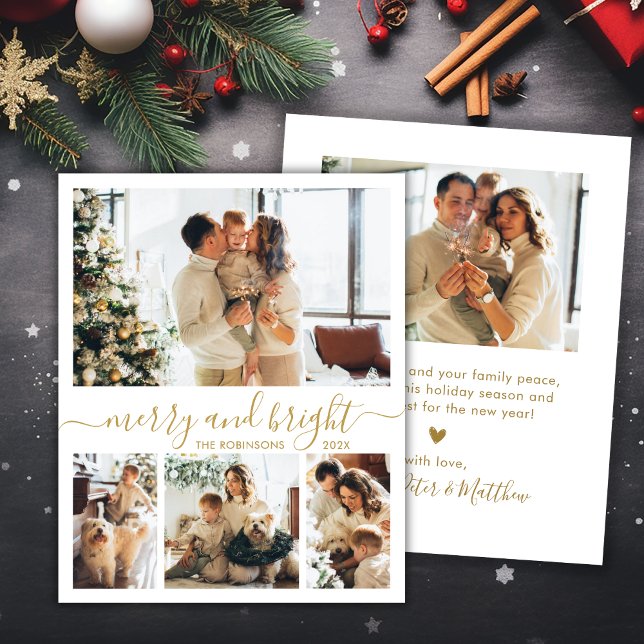 Merry and Bright Script 4 Photo Christmas Card (Creator Uploaded)