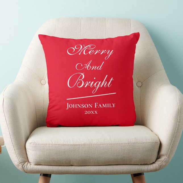 Merry And Bright Script Chic Red Christmas  Throw Pillow ("Merry And Bright' cheerful chic red Christmas throw pillow.)