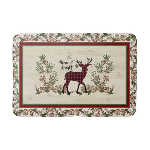 Merry and Bright Script Deer Christmas Pine Cones Bath Mat