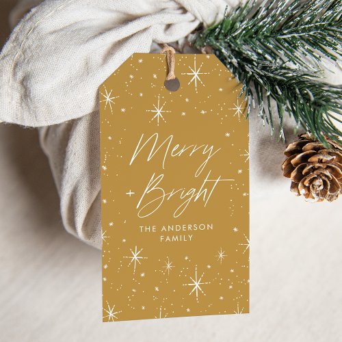 Merry and Bright Script Gold Holiday Gift Tags