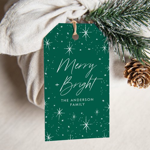 Merry and Bright Script Green Holiday Gift Tags