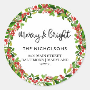Merry And Bright Script Holiday Return Address C Classic Round Sticker