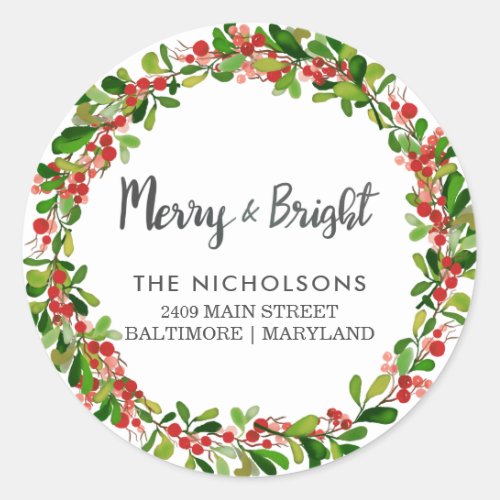 Merry And Bright Script  Holiday Return Address Classic Round Sticker