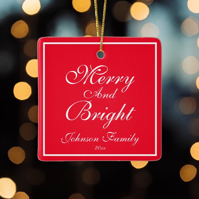 "Merry And Bright' Script Name Chic Red Christmas  Ceramic Ornament ("Merry And Bright' Chic Red Christmas Ceramic Ornament.)