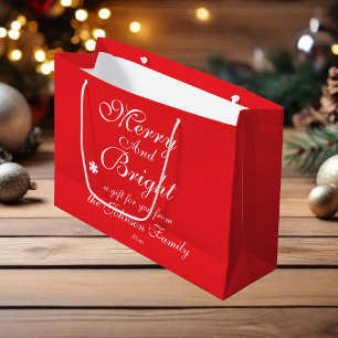 Merry And Bright Script Name Chic Red Christmas  Large Gift Bag