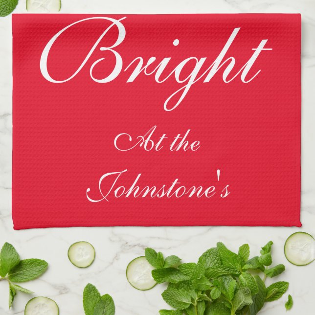 Merry And Bright Script Name Stylish Red Christmas Kitchen Towel (Folded)
