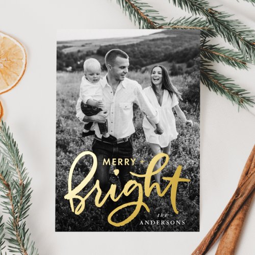 Merry and Bright Script Photo Gold Foil Holiday Card